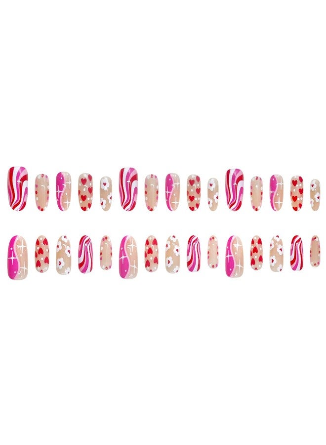 KZBTRBT 30Pcs Short Oval Press on Nails Valentines Design Fake Nails Cute Heart Flower Star False Nails Color Polka Dot Stripe Stick on Nails Nude Glossy Full Cover Cute Holiday Acrylic Glue on Nail for Women - Image 5