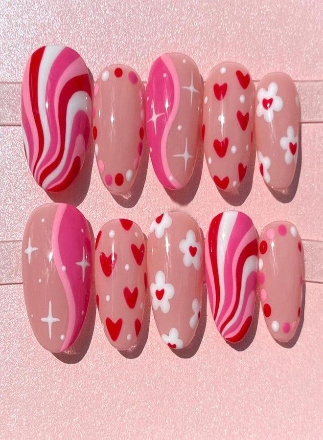KZBTRBT 30Pcs Short Oval Press on Nails Valentines Design Fake Nails Cute Heart Flower Star False Nails Color Polka Dot Stripe Stick on Nails Nude Glossy Full Cover Cute Holiday Acrylic Glue on Nail for Women - Image 1
