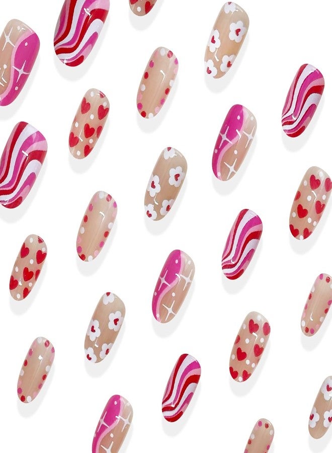 KZBTRBT 30Pcs Short Oval Press on Nails Valentines Design Fake Nails Cute Heart Flower Star False Nails Color Polka Dot Stripe Stick on Nails Nude Glossy Full Cover Cute Holiday Acrylic Glue on Nail for Women - Image 3