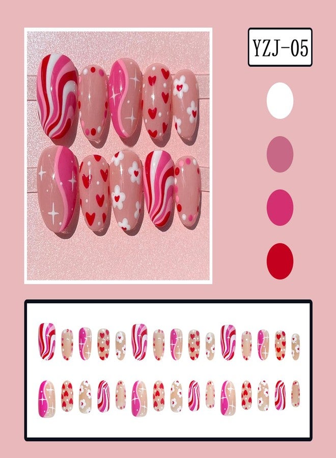 KZBTRBT 30Pcs Short Oval Press on Nails Valentines Design Fake Nails Cute Heart Flower Star False Nails Color Polka Dot Stripe Stick on Nails Nude Glossy Full Cover Cute Holiday Acrylic Glue on Nail for Women - Image 2