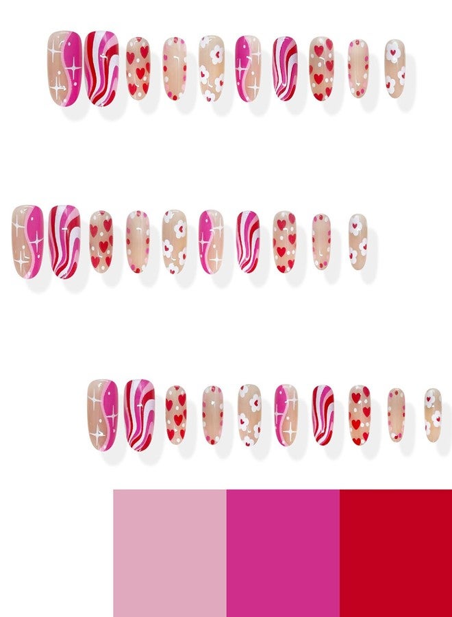 KZBTRBT 30Pcs Short Oval Press on Nails Valentines Design Fake Nails Cute Heart Flower Star False Nails Color Polka Dot Stripe Stick on Nails Nude Glossy Full Cover Cute Holiday Acrylic Glue on Nail for Women - Image 4