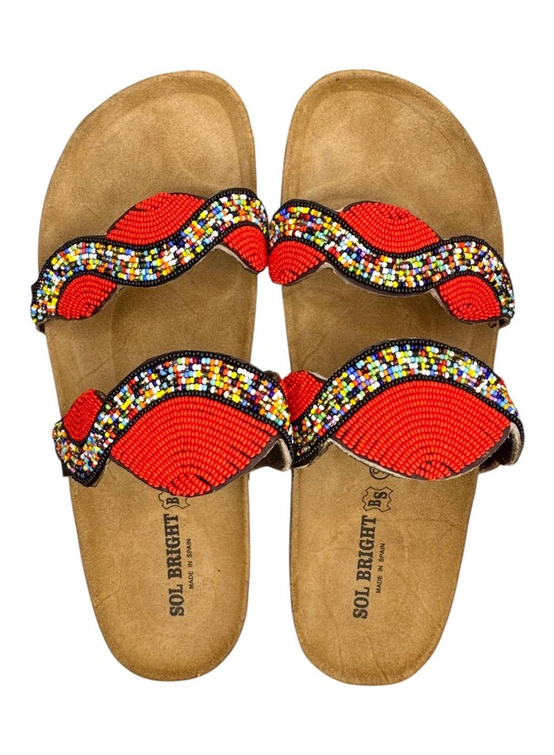 Afro Melanin Red Beaded Slide Sandals – Handmade Leather Flats with Colorful Wave Pattern 