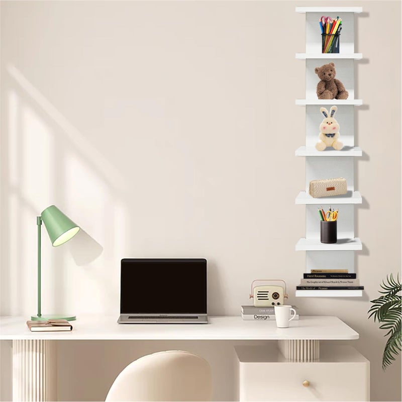 Eunika 7-Tier White Floating Wall Shelf, Tall Vertical Column Storage Organizer Modern Narrow Space Saving Design for Bedroom, Living Room, Home Decor & Display - Image 5