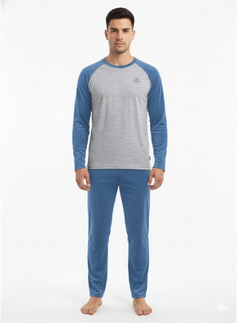 Jet Men Winter Velour Pajamas Set Long Sleeve & Plain Bottom