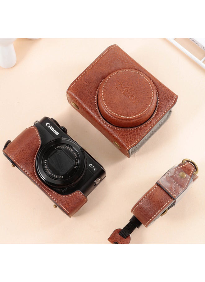 ماركة غير محددة حقيبة كاميرا Canon G7X2 G7X3 G9X SX720 SX730 SX740 غطاء كاميرا حافظة واقية لمعدات التصوير الفوتوغرافي حقيبة مستندات جلدية - الأبعاد: G7X2/G7X3 [نمط لحاء إصدار فاخر] قهوة عميقة  - Image 1