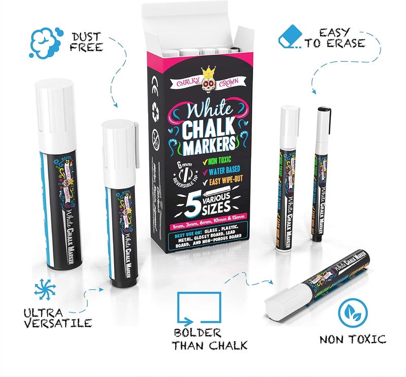 شالك  كرون ماركرات الطباشير السائلة CHALKY CROWN 5 قطع بيضاء - ماركرات لوح طباشير سائلة غير سامة، ماركر طباشير سائل أبيض للنوافذ والزجاج - رؤوس 1، 3، 6، 10، 15 ملم - Image 3