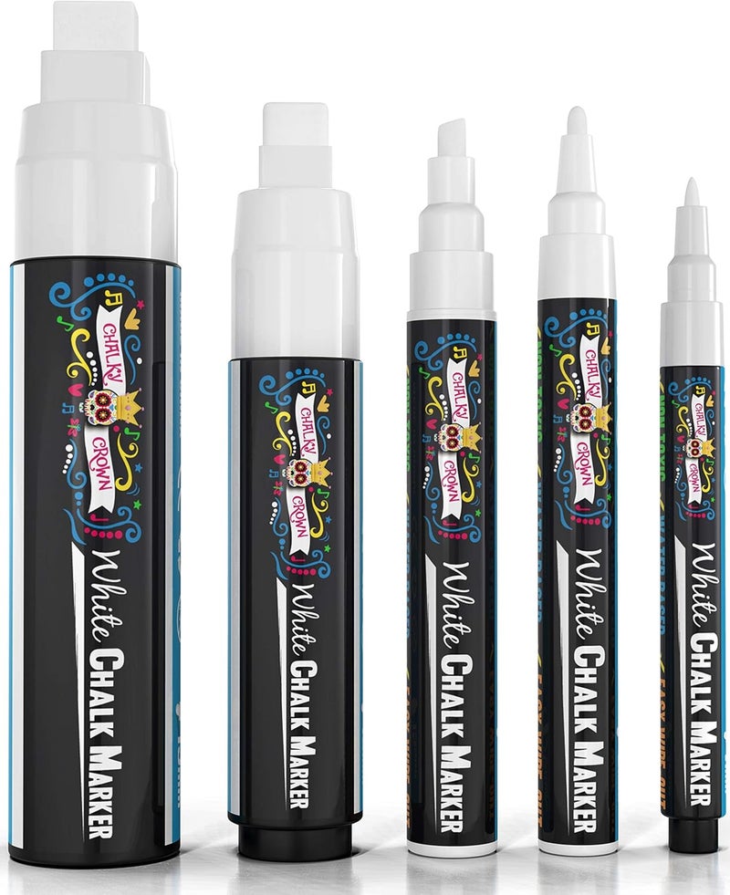 شالك  كرون ماركرات الطباشير السائلة CHALKY CROWN 5 قطع بيضاء - ماركرات لوح طباشير سائلة غير سامة، ماركر طباشير سائل أبيض للنوافذ والزجاج - رؤوس 1، 3، 6، 10، 15 ملم - Image 1