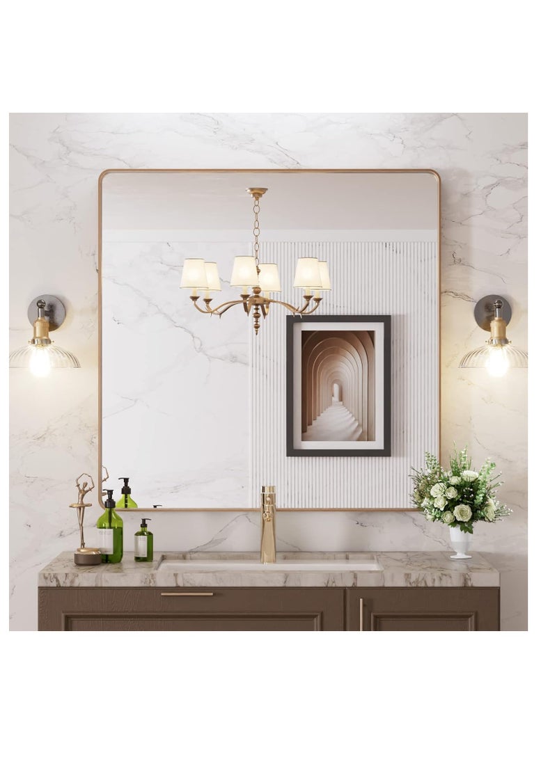 Gold bathroom mirror, rounded rectangular gold frame mirror, brushed gold bathroom vanity mirror wall-mounted, rust-proof, tempered glass, horizontal or vertical hanging (60*60cm)
