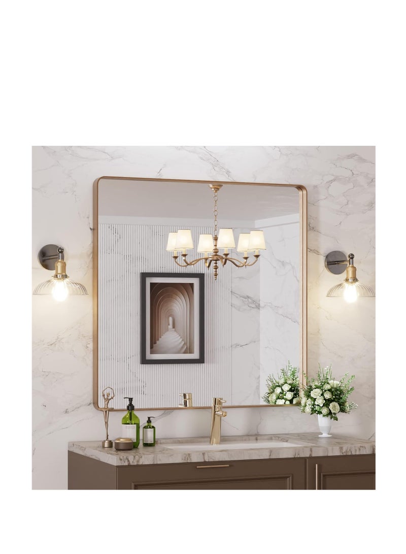 Gold bathroom mirror, rounded rectangular gold frame mirror, brushed gold bathroom vanity mirror wall-mounted, rust-proof, tempered glass, horizontal or vertical hanging (60*60cm)