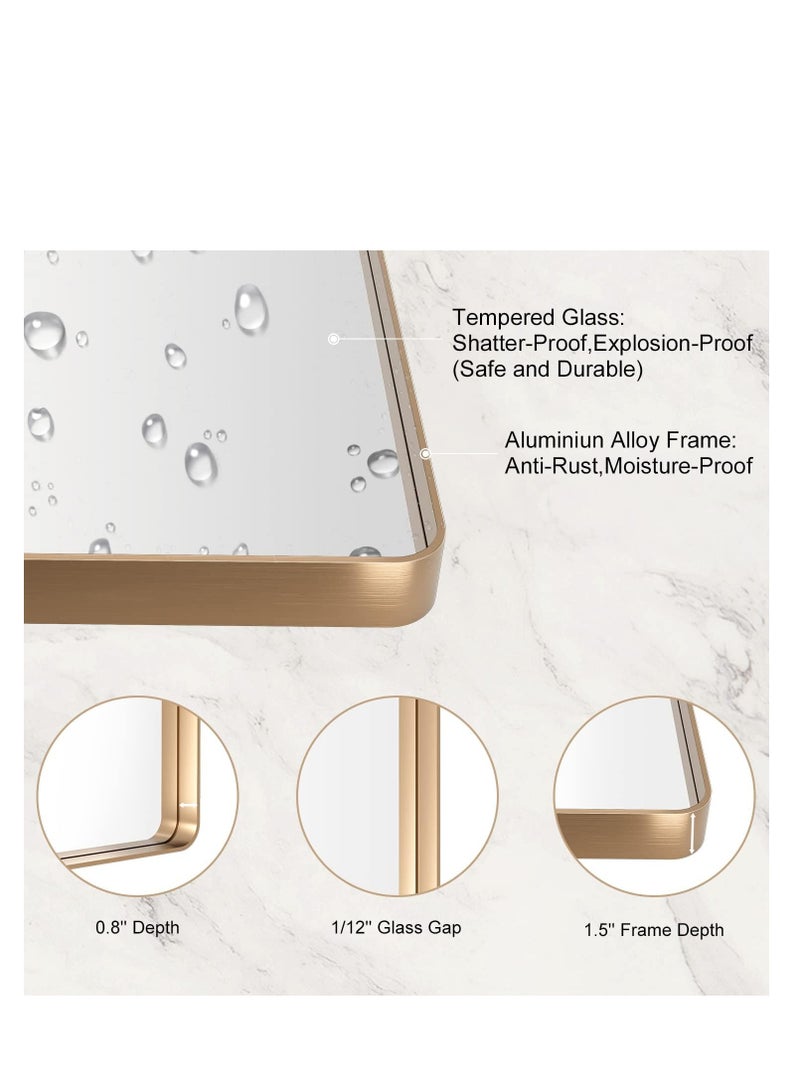 Gold bathroom mirror, rounded rectangular gold frame mirror, brushed gold bathroom vanity mirror wall-mounted, rust-proof, tempered glass, horizontal or vertical hanging (60*60cm)