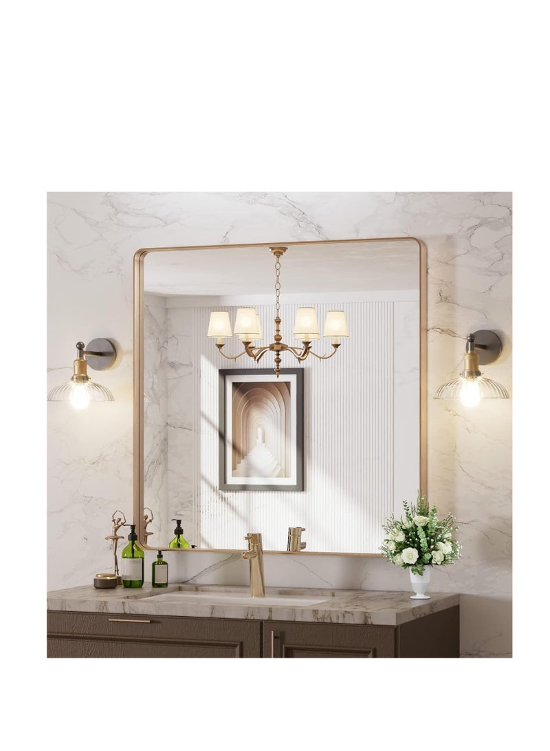 Gold bathroom mirror, rounded rectangular gold frame mirror, brushed gold bathroom vanity mirror wall-mounted, rust-proof, tempered glass, horizontal or vertical hanging (60*60cm)