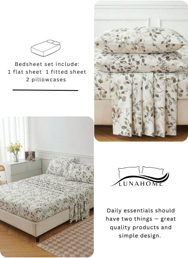 LUNA Home - 4 Pieces Bedsheet Set Leaves design, Grey. - Image 1