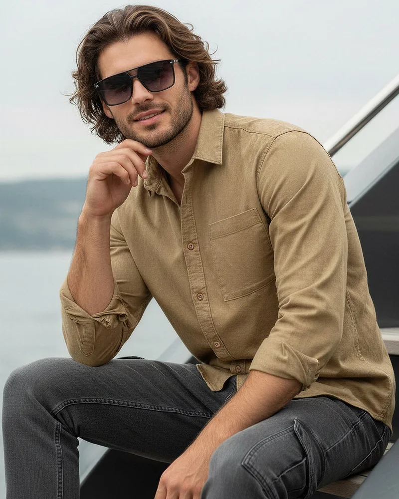 بيواكوف Men's Brown Washed Shirt