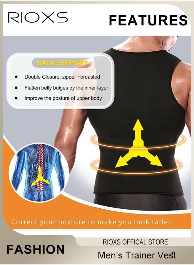 RIOXS - Men's Compression Vests, Hot Sweat Waist Trainer Sweat Shirt For Men Weight Loss, Tank Top Shapewear Slimming Shirt With Zipper, Mens Gym Workout Vest, Slimming Undershirt Body Shaper Vest - Image 1