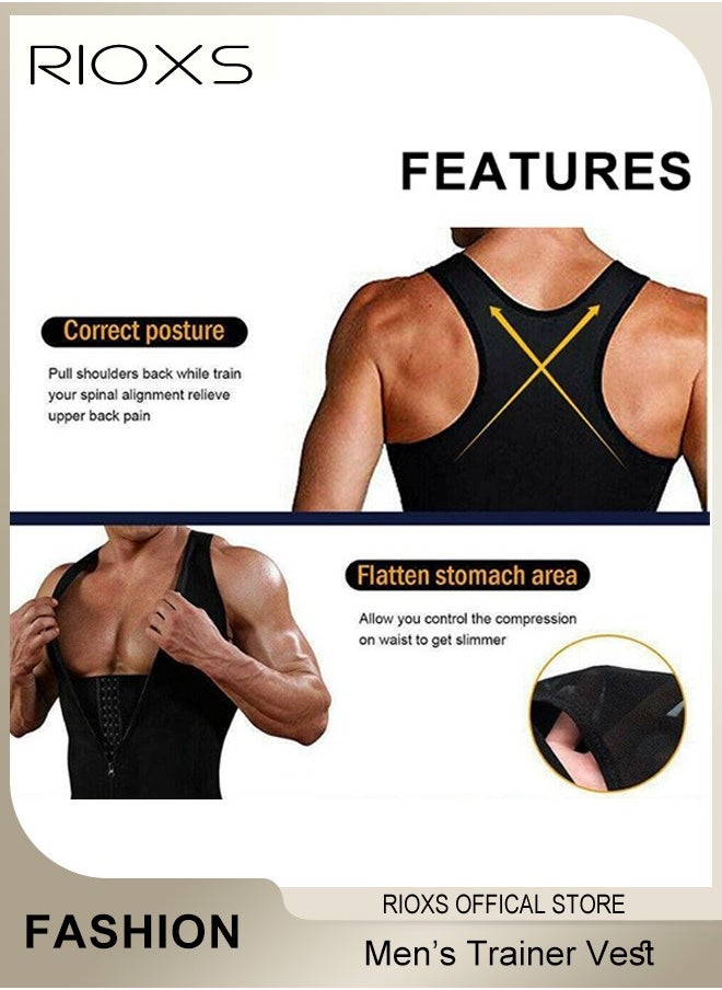 RIOXS - Men's Compression Vests, Hot Sweat Waist Trainer Sweat Shirt For Men Weight Loss, Tank Top Shapewear Slimming Shirt With Zipper, Mens Gym Workout Vest, Slimming Undershirt Body Shaper Vest - Image 1