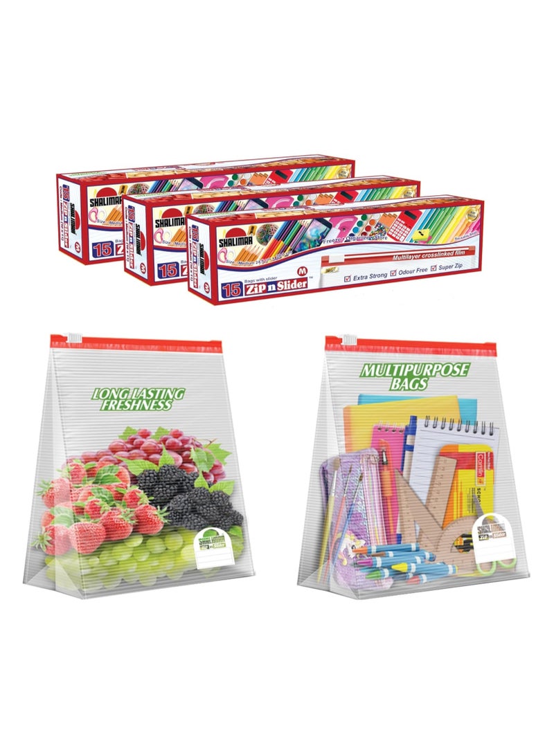 shalimar Shalimar Zip and Lock Reusable Slider Bag - Medium Size - Pack of 3 45 Bags - Zip Lock Storage Bag-Vegetable Bag-Freeze Bag - Multi-Purpose Natural Color  - Image 1