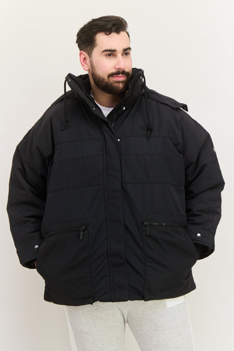 adidas Originals جاكيت رياضي للرجال مناسب في الهواء الطلق بغطاء رأس، أسود - Image 1