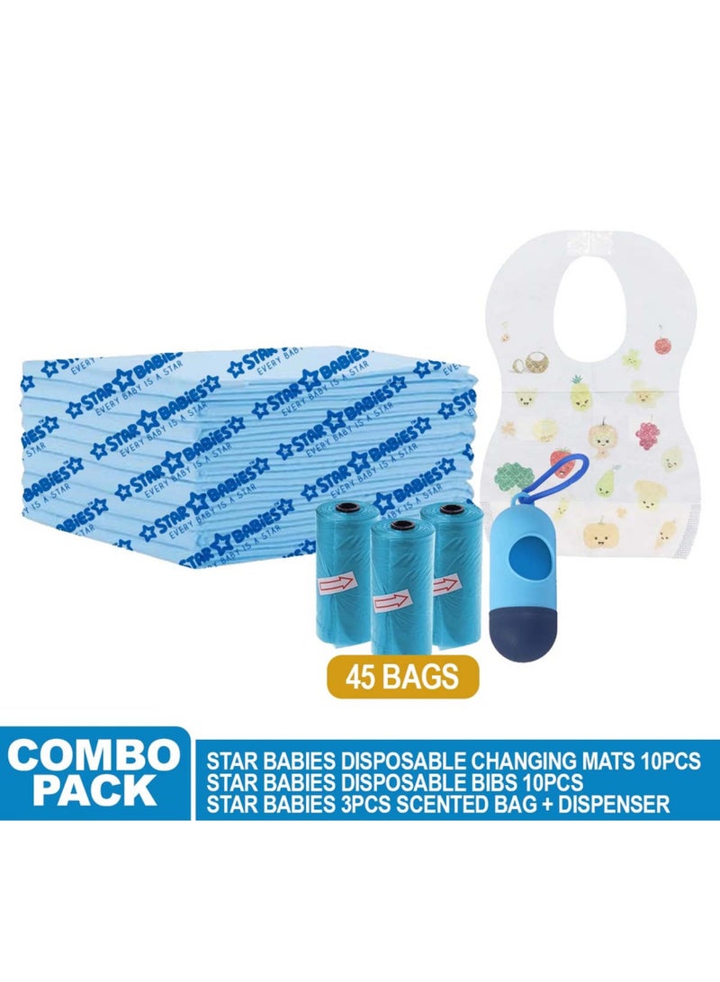 STAR BABiES Combo Packs Changing Mat 45 X 60Cm 10Pcs, Scented Bag Pack Of 3 W/Dispenser 45Bags, Bibs 10Pcs-Blue  - Image 2