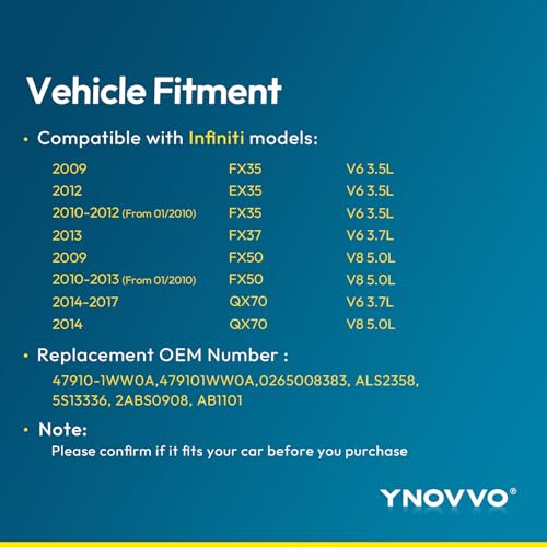 Ynovvo ALS2358 2pcs Front Left and Right ABS Wheel Speed Sensor for Infiniti FX35 EX35 FX37 FX50 QX70 Replace OE 479101WW0A 0265008383 47910-1WW0A - Image 2