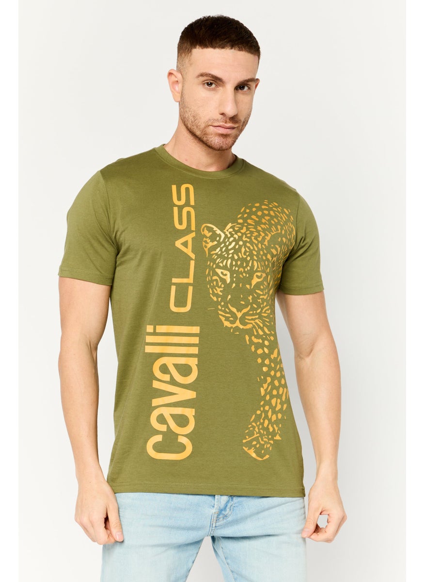 Cavalli Class Men Crew Neck Short Sleeve Graphic Print T-Shirt, Olive  - Image 1