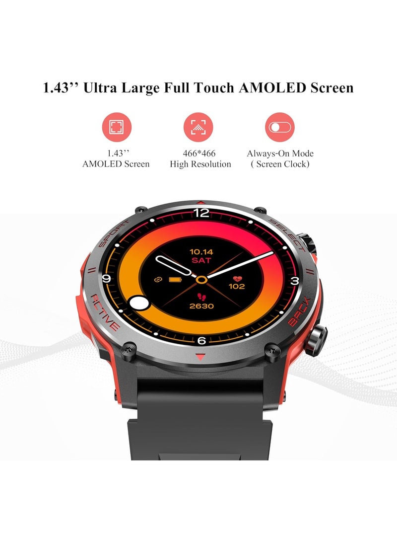 ساعة ذكية بشاشة AMOLED قياس 1.43 بوصة – تصميم عسكري متين 45 مم، إجراء واستقبال المكالمات، أكثر من 110 أوضاع رياضية، مراقبة ضغط الدم ونبض القلب، متوافقة مع أندرويد و iOS - Image 2