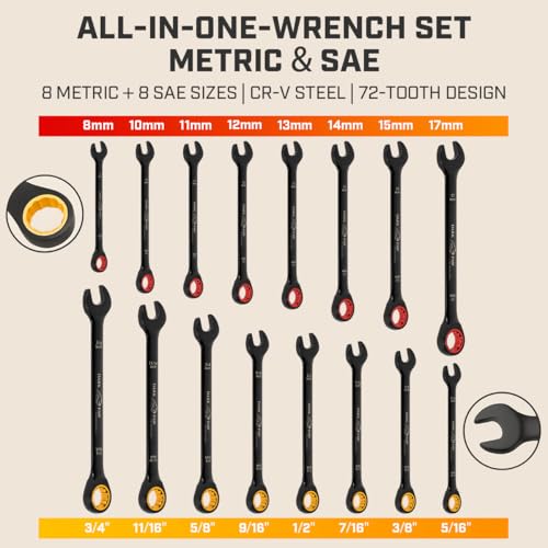 ironcube Ratcheting Wrench Set For Men: 16-Piece Metric & SAE - Black Chrome Vanadium - Including Water-Resistant Wax Canva Bag - for Automotive Repair - Image 3