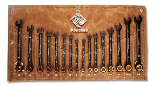 ironcube Ratcheting Wrench Set For Men: 16-Piece Metric & SAE - Black Chrome Vanadium - Including Water-Resistant Wax Canva Bag - for Automotive Repair - Image 1