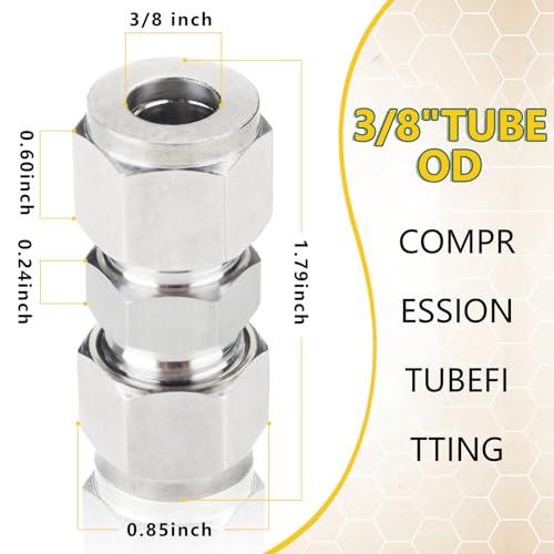 Yoebor Metalwork 304 Stainless Steel Compression Tube Fitting, Union, 3/8" OD x 3/8" OD (2 Pcs) - Image 2