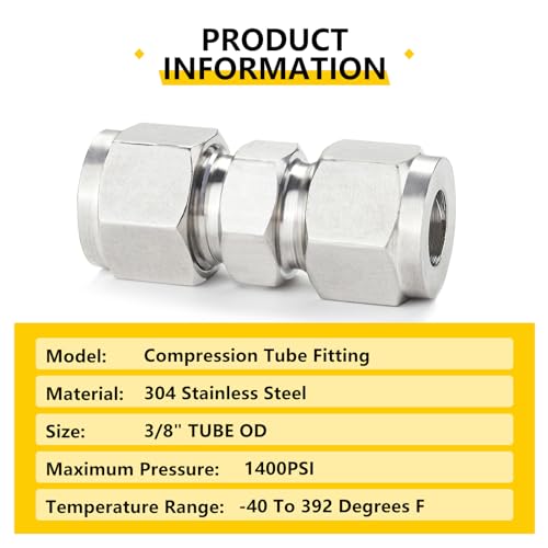 Yoebor Metalwork 304 Stainless Steel Compression Tube Fitting, Union, 3/8" OD x 3/8" OD (2 Pcs) - Image 3