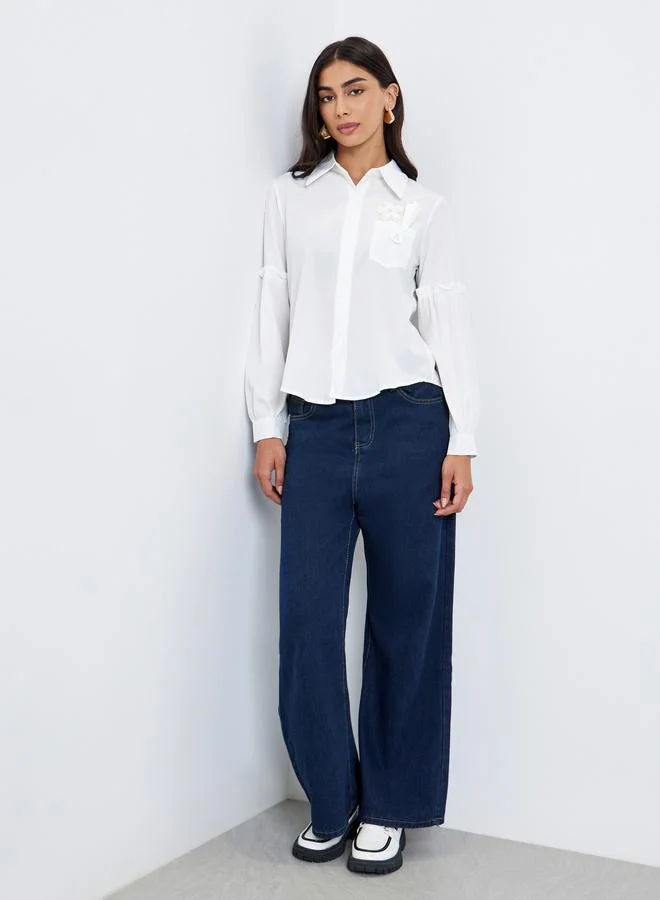 Styli White Applique Pocket Detail Casual Shirt