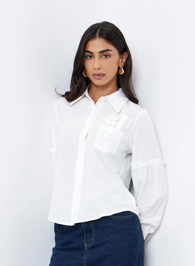 Styli White Applique Pocket Detail Casual Shirt