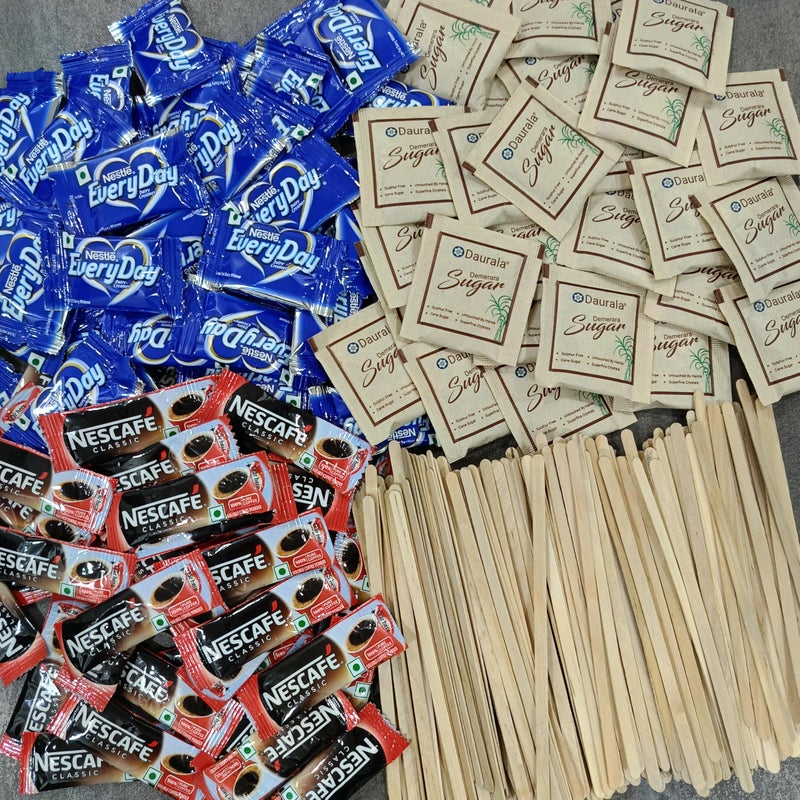 SFU E Com Nescaffe Classic Coffee Sachets With Daurala Demerara Sugar Sachets Combo With Everyday Dairy Creamer Sachets | Stirrer Stick (100pcs), Daurala Sugar (100pcs), Coffee (100pcs), Creamer (100pcs) - Image 1