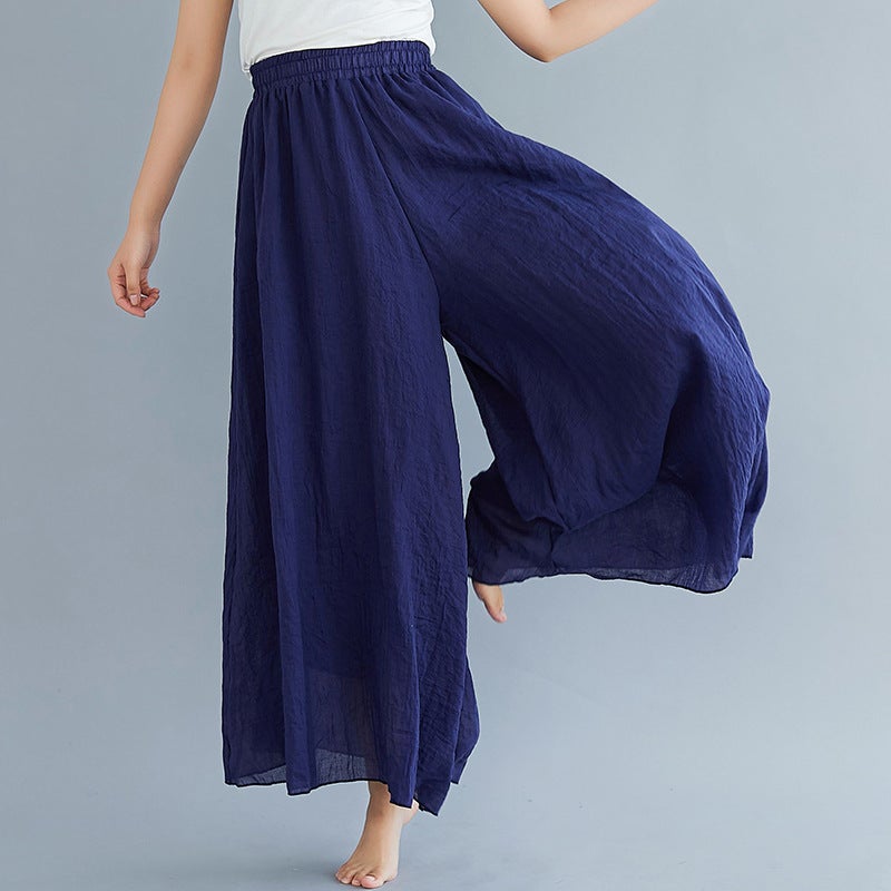 12 Color Lotte 2023 Mori Womens Artistic Large Size Cotton and Linen Pant Skirt Elastic Waist Linen Solid Color Ethnic Style Large Pant Skirt Navy