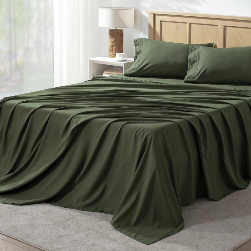 Andency California King Sheet Sets 4 Pieces, Dark Olive Green Super Soft Sheets for Cal King Size Bed, Microfiber Deep Pocket Up to 16", Hotel Luxury Breathable & Cooling Bed Sheet Set - Image 1