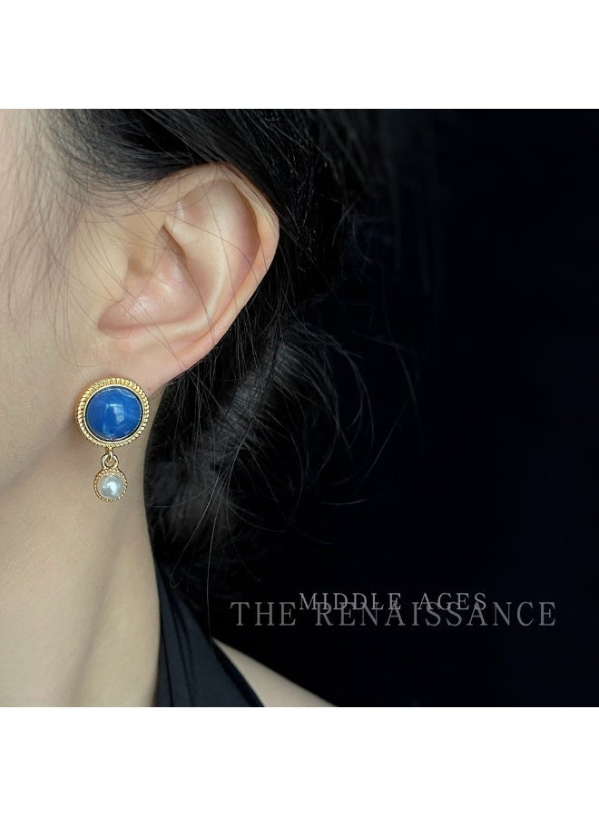 "The Blue Danube" Vintage Court-Style Blue Lace Agate & Pearl Earrings | French Elegance Heirloom Ear Jewelry - Image 1