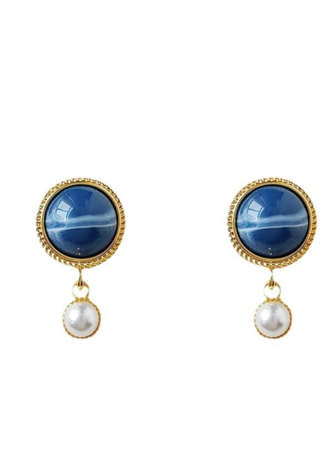 "The Blue Danube" Vintage Court-Style Blue Lace Agate & Pearl Earrings | French Elegance Heirloom Ear Jewelry - Image 5
