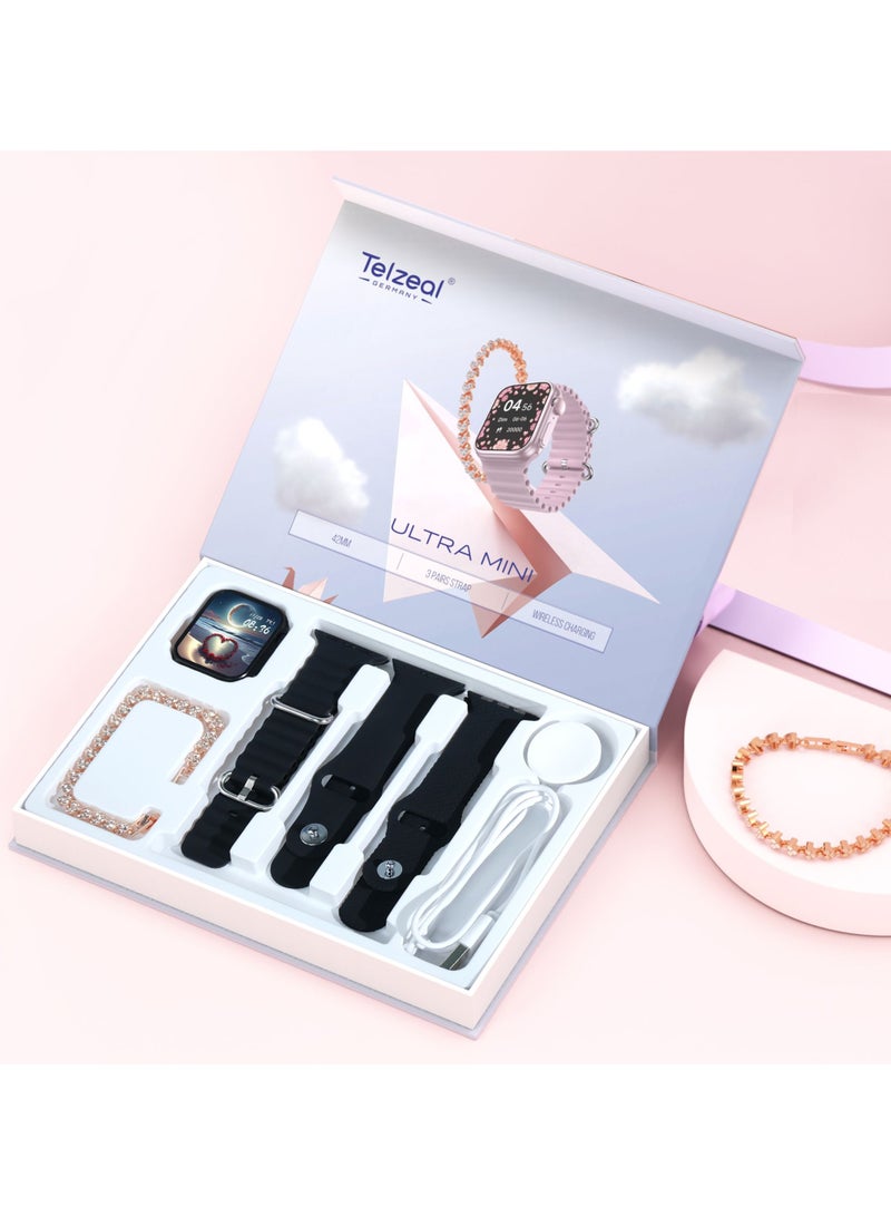 Ultra Mini 38MM Ladies Smart Watch, 3 Pairs of Stylish Straps, Wireless Charging, Android and iOS Compatibility, with , Free Gift Bracelet , Perfect Gift for Ladies