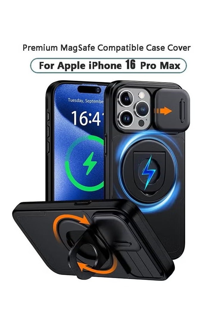 iPhone 16 Pro Max Case Cover with360°Rotatable Magnetic Ring , Slide Camera Lens ,Kickstand, Rugged Grade Shockproof Case for iPhone 16 Pro Max ,Black - Image 1