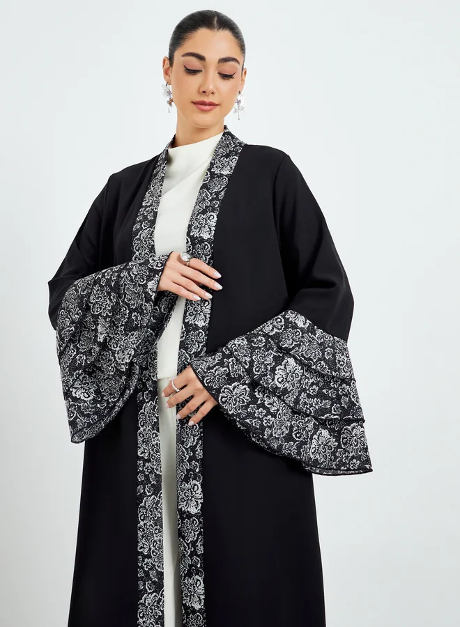 Amirah Black Printed Trim Open Front Abaya