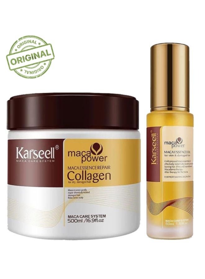 Karseell Maca essence Repair Set - Collagen Hair Mask 500ml - Maca Oil Hair Serum for Dry Damaged Hair 50ml - All Hair Types - Image 1