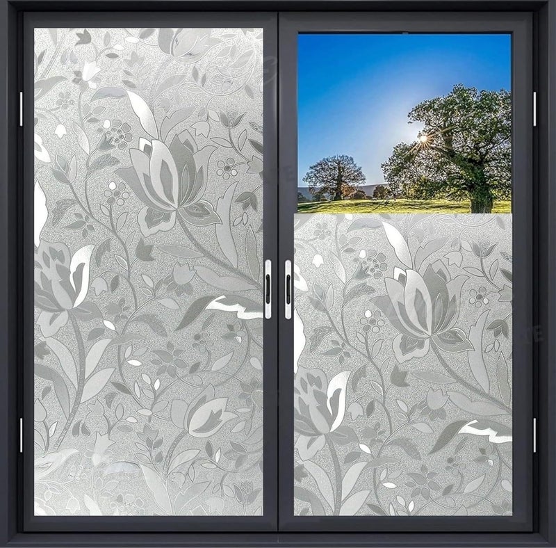 WALLMATE Frosted Vinyl Window Self Adhesive Static Cling No Glue Anti UV Block Privacy Glass Film for Office Window Glass DoorBathroomPrivacy Glass Flower 24X86 INCH - Image 1
