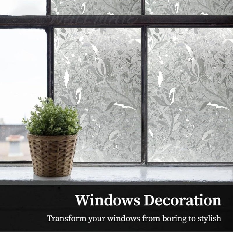 WALLMATE Frosted Vinyl Window Self Adhesive Static Cling No Glue Anti UV Block Privacy Glass Film for Office Window Glass DoorBathroomPrivacy Glass Flower 24X86 INCH - Image 2