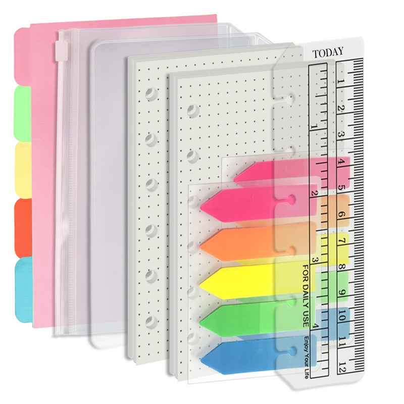 Harphia A7 6 Holes Binder Refill Value Set, 90sheets dotted loose leaf paper with stickers and dividers, planner inserts with binder pockets for A7 binder 6 holes refillable notebook,005dA7dot - Image 1