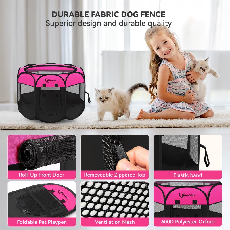 Siedihit Dog Playpen, Puppy Pet Playpens Indoor for Small Dogs Tent Crates Cage Indoor/Outdoor, Portable Pop Up Dog Kennel Playpen with Carrying Case for Dogs/Cats/Rabbits, Hot Pink - Image 4