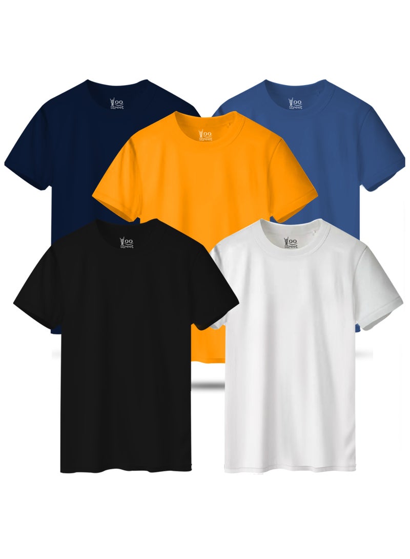 Yoo Street Bundle of 5 Classic T-Shirts - BLACK WHITE YELLOW NAVY BLUE LIGHT INDIGO