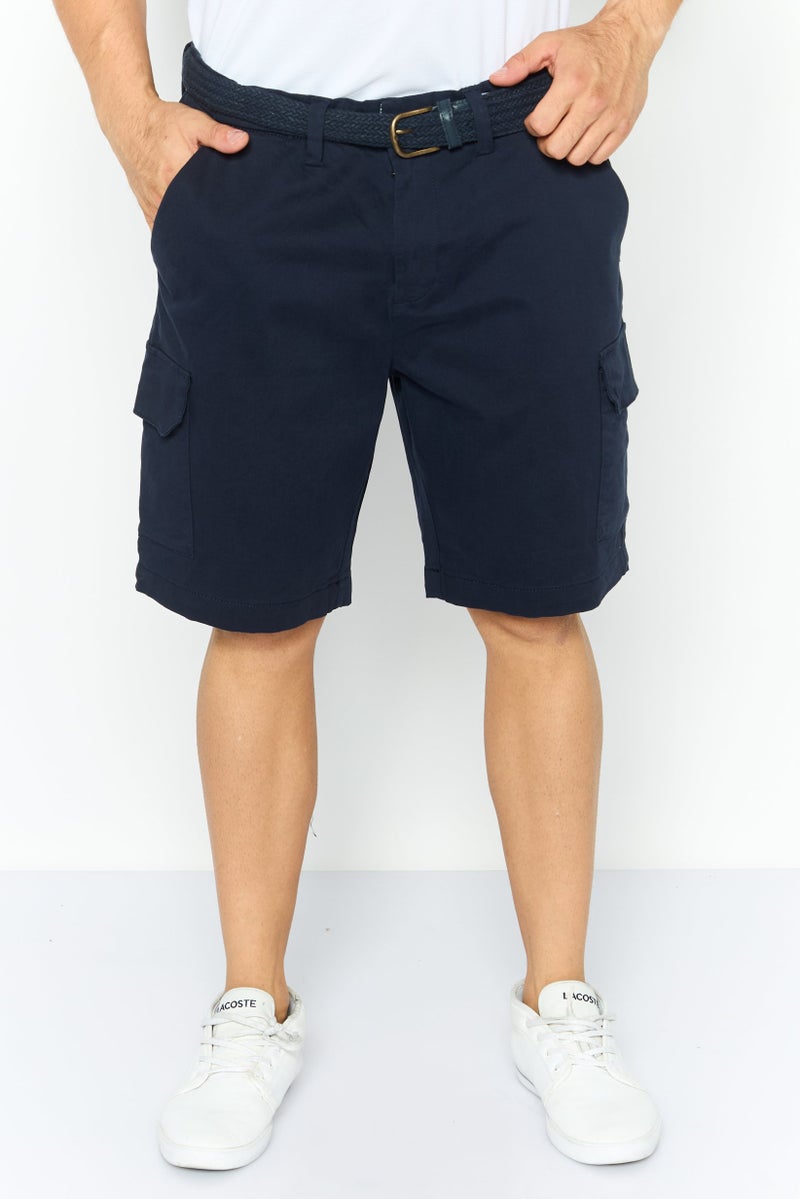 Threadbare Men Stretch Fit Plain Belted Chino Shorts, Navy - Image 1