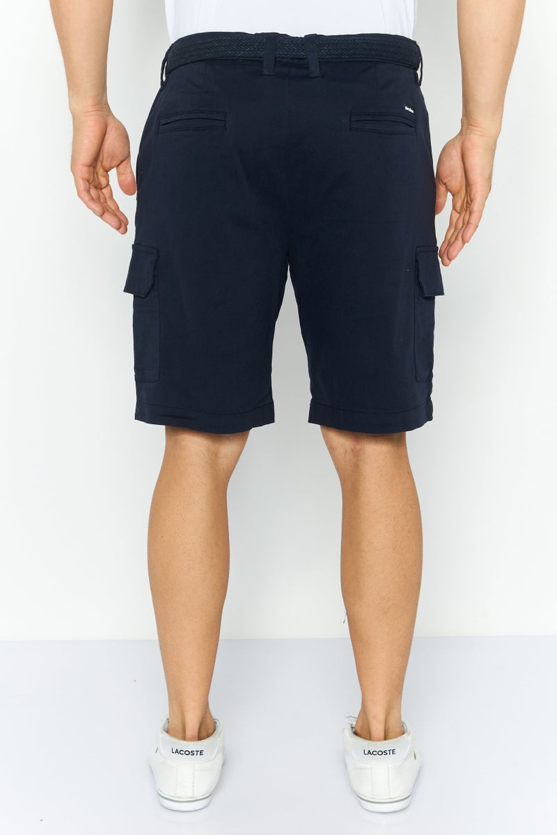 Threadbare Men Stretch Fit Plain Belted Chino Shorts, Navy - Image 4