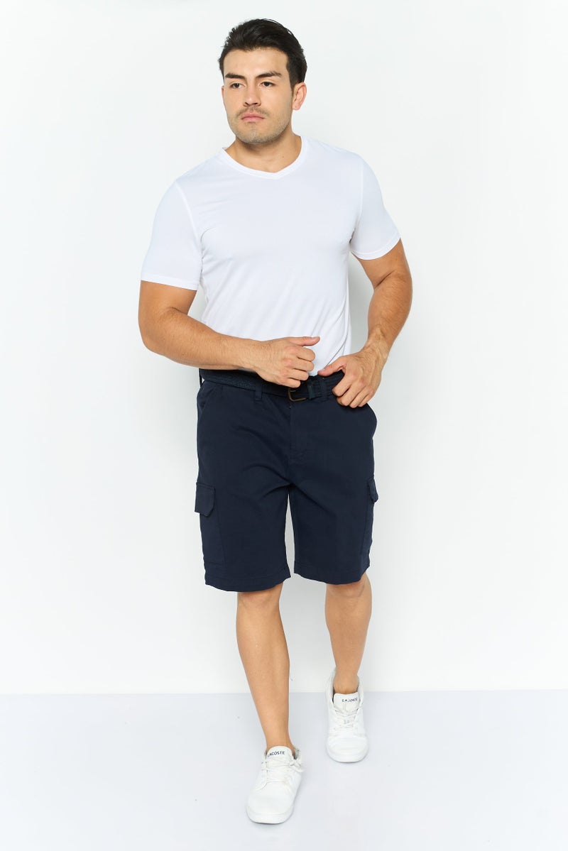 Threadbare Men Stretch Fit Plain Belted Chino Shorts, Navy - Image 2