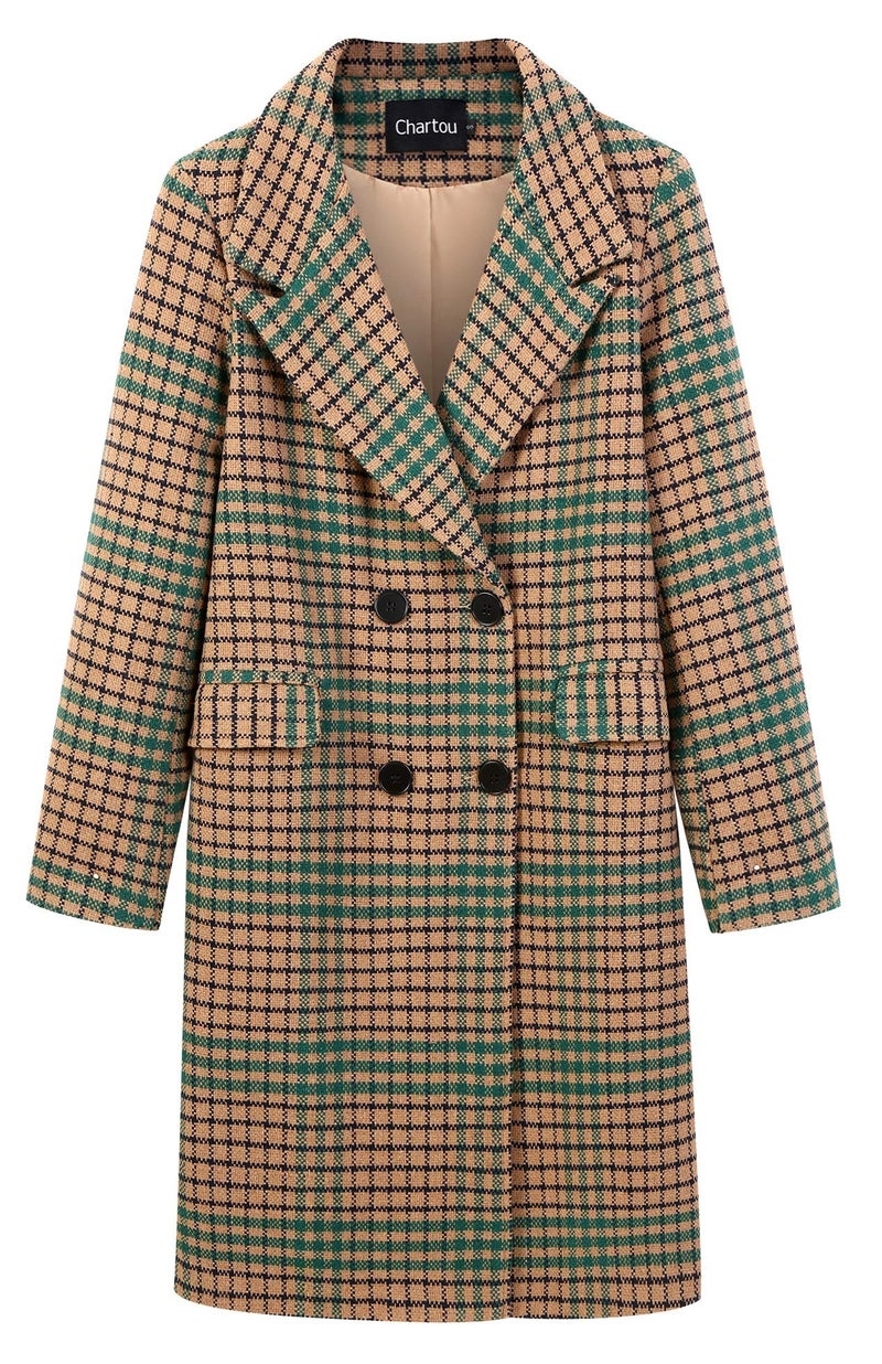 CHARTOU Women's Winter Oversize Lapel Collar Woolen Plaid Double Breasted Long Peacoat Jacket (X-Large, Green) - Image 1
