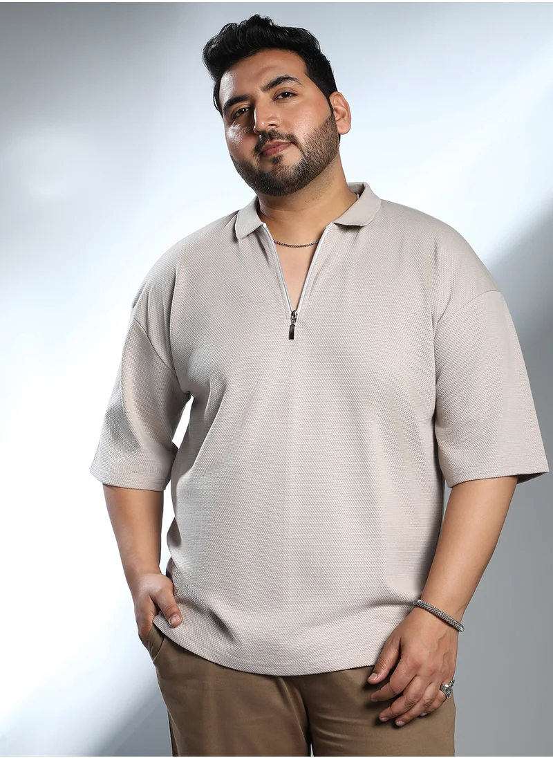 انستافاب بلس Instafab Plus Men's Saltbox Beige Solid Oversized Polo T-Shirt For Casual Wear | Polo Neck | Short Regular Sleeves | Half-Zip Closure | Plus Size T-Shirt Crafted With Comfort Fit For Everyday Wear